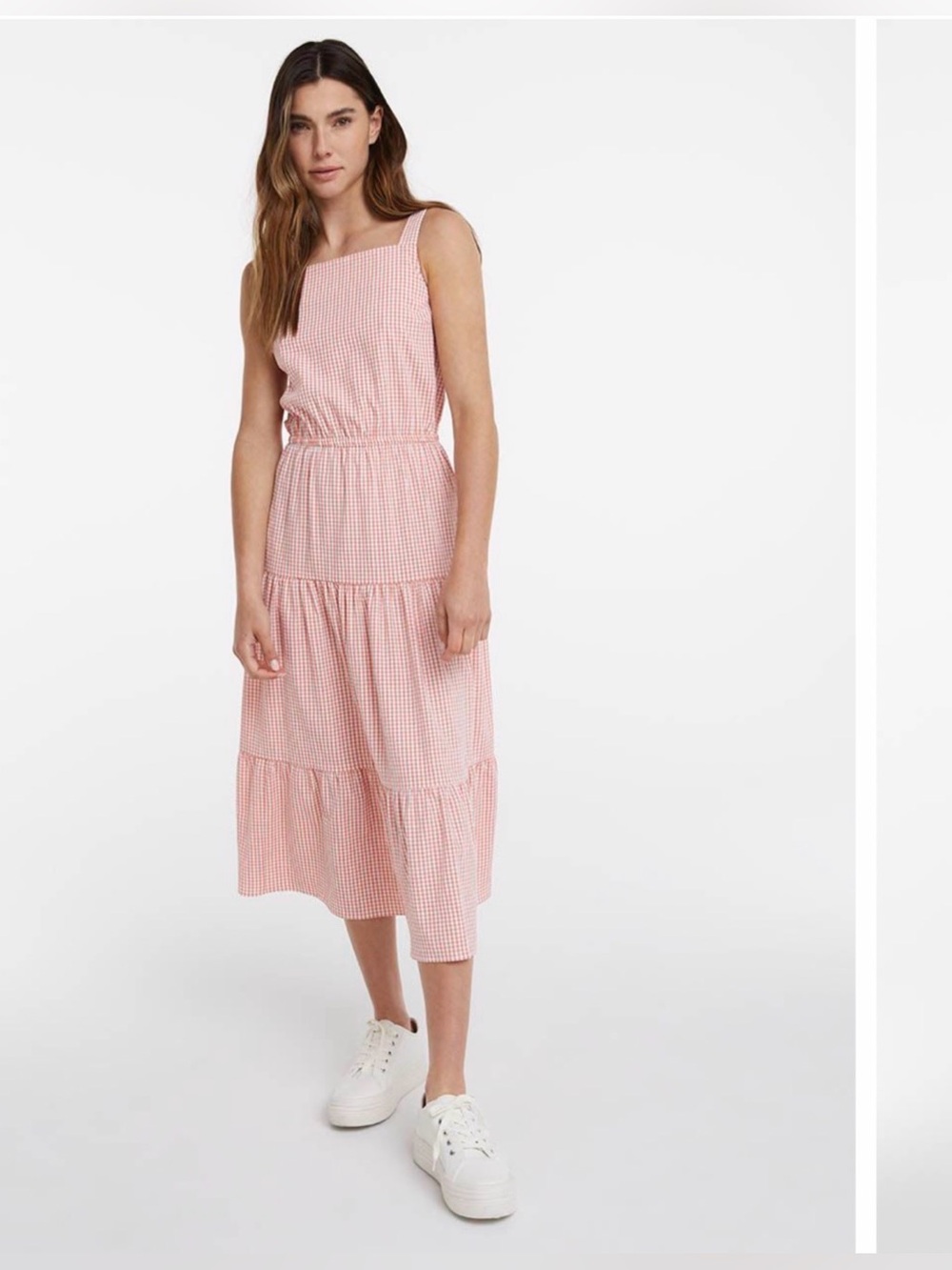 Sleeveless Pink Gingham Tiered Midi Dress